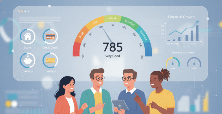 checking credit score on digital dashboard with financial icons