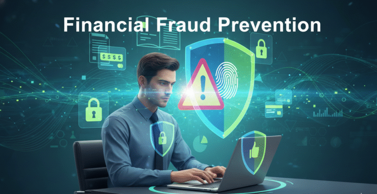 financial fraud prevention concept with digital security shields, credit cards, and alerts