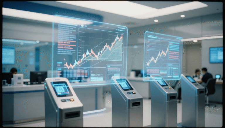 futuristic digital bank interior with holographic interfaces