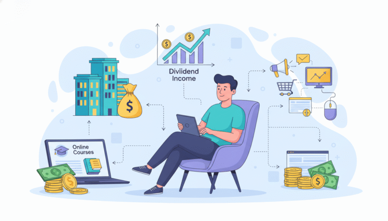 illustration showing multiple passive income methods generating money online and offline