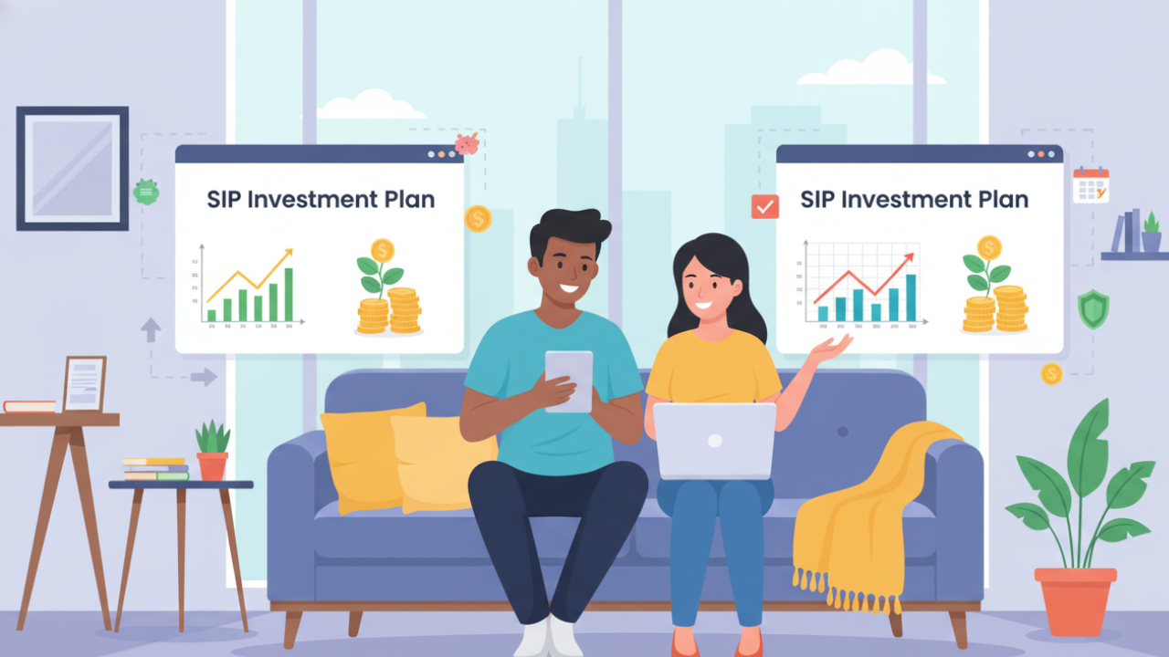 sip investment plan showing financial growth with charts and coins