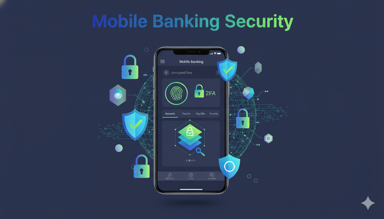 smartphone with mobile banking app showing secure login, fingerprint authentication